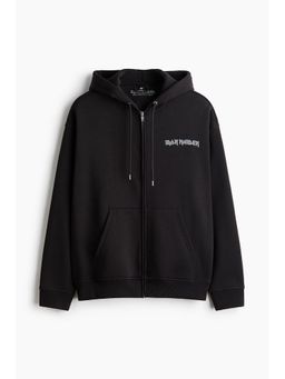 H&M - Men Black Loose Fit Printed zip-through hoodie