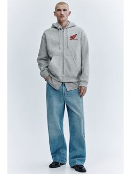 H&M - Men Grey Loose Fit Printed zip-through hoodie