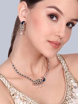 Estele - Ranjika - Morbagh Green CZ Peacock Necklace with Earrings
