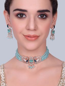 Estele - Shringar - Morbagh Mint Green Beaded Peacock Necklace with Earrings