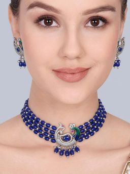 Estele - Rajani - Morbagh Blue Peacock Beaded Necklace with Earrings