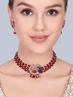 Estele - Mayurika - Morbagh Ruby Red Peacock Beaded Necklace with Earrings