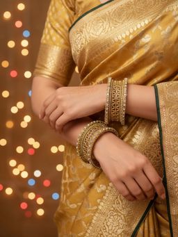 OOMPH - Antique Gold White Floral Design Bangles (Pack of 10) (2.6)