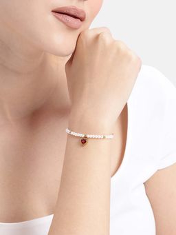 Carlton London - 18kt Gold Plated Red Pearl & Dangling Heart Solitaire Charm Bracelet