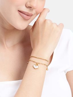 Carlton London - 18kt Gold Plated White CZ Dangling Shell Heart Double Chain Bracelet