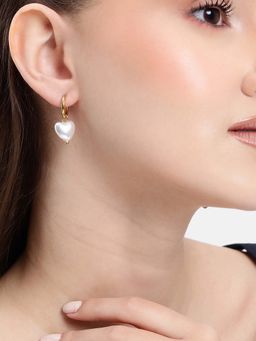 Carlton London - 18kt Gold Plated White Dangling Pearl Heart Hoop Earrings