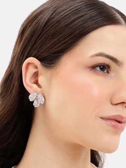 Carlton London - Premium Silver-Plated White CZ Layered Leaf Bold Stud Earrings