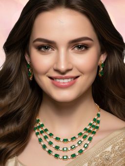 OOMPH - Multi Layer Green Ethnic Necklace with Earrings