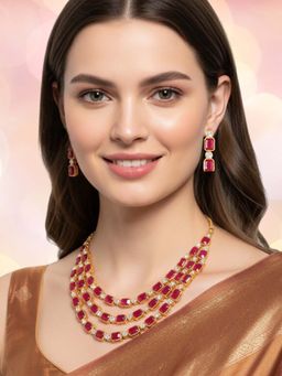 OOMPH - Multi Layer Red Ethnic Necklace with Earrings