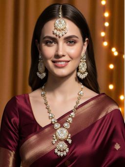 OOMPH - Pearl Kundan White Necklace with Earrings & Maangtikka
