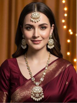OOMPH - Ornate Kundan White Stones Necklace with Earrings & Maangtikka
