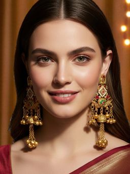 OOMPH - Multi-Color Gold Heritage Kashmiri Elephant Design with Ghungroo Jhumka Earrings