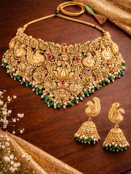 OOMPH - Multi-Color Laxmi Design Gold Temple Necklace with Earrings