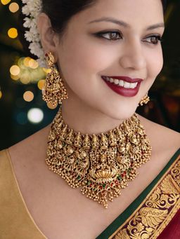 OOMPH - Multi-Color Laxmi Design Gold Temple Necklace with Earrings