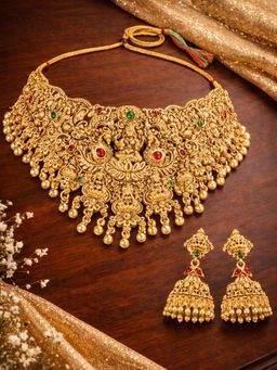 OOMPH - Multi-Color Laxmi Design Gold Temple Necklace with Earrings
