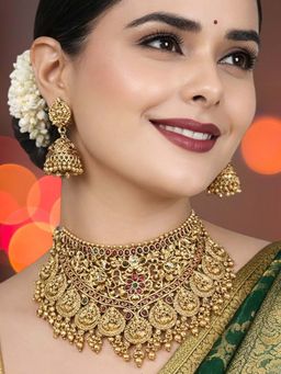 OOMPH - Multi-Color Laxmi Design Gold Temple Necklace with Earrings