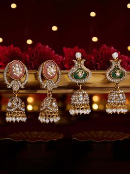 Zaveri Pearls - Multi-Color Stones Austrian Diamond Jhumka Earrings (Pack of 2)