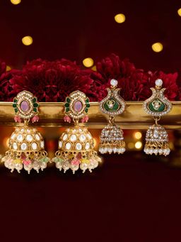 Zaveri Pearls - Multi-Color Stones Beads Diamonds Jhumka Earrings (Pack of 2)
