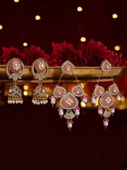 Zaveri Pearls - Pink Stones Beads Diamonds Jhumka Dangler Earrings (Pack of 2)