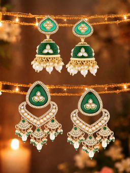 Zaveri Pearls - Green Stone Beads Diamonds Jhumka Dangler Earrings (Pack of 2)
