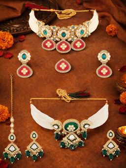 Zaveri Pearls - Multi-Color Necklace Earrings Maangtikka & Ring (Pack of 2)