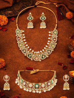 Zaveri Pearls - Multi-Color Stones Pearl Necklace and Earrings (Pack of 2)