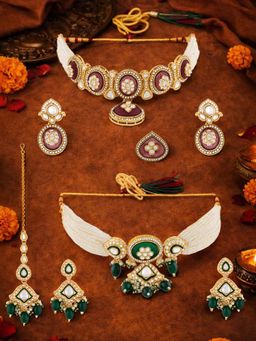 Zaveri Pearls - Multi-Color Necklace Earrings Maangtikka and Ring (Pack of 2)