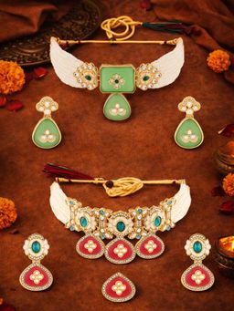 Zaveri Pearls - Multi-Color Necklace Earrings & Ring (Pack of 2)