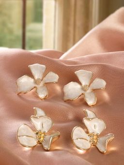 Zaveri Pearls - White Enamel Flowers Contemporary Studs Earrings (Pack of 2)