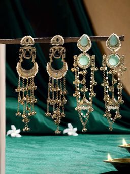 Zaveri Pearls - Multi-Color Stone Ghungroo Antique Chandbali Earrings (Pack of 2)