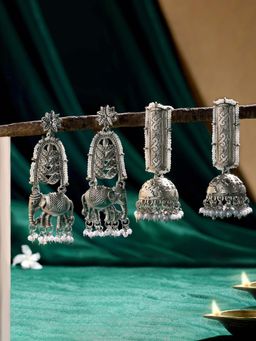 Zaveri Pearls - Silver Tone Oxidised Plating Beads Jhumka Earrings (Pack of 2)
