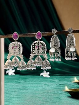 Zaveri Pearls - Multi-Color Stones Oxidised Jhumka Earrings (Pack of 2)