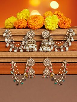 Zaveri Pearls - Multi-Color Jhumka with Ear Chain Earrings (Pack of 2)