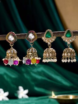 Zaveri Pearls - Multi-Color Stones Beads Antique Jhumka Earrings (Pack of 2)