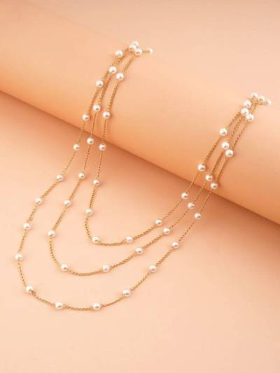 Gold Tone White Pearls Multi Layered Multi-Strand Fashion Necklaces