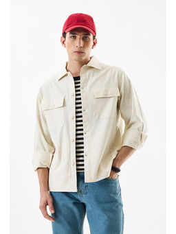 Snitch - Cream Solid Full Sleeves Relaxed Casual Overshirt for Men