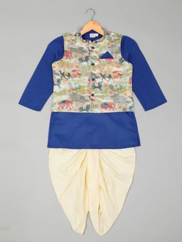 SAKA DESIGNS - Navy Blue Cotton Kurta and Dhoti with Cream Printed Jacket (Set of 3)
