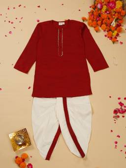 SAKA DESIGNS - Maroon Solid Cotton Kurta and Dhoti (Set of 2)