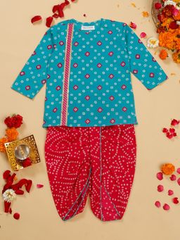 SAKA DESIGNS - Blue and Red Bandhani Printed Cotton Kurta with Dhoti (Set of 2)