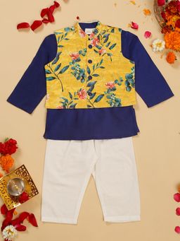 SAKA DESIGNS - Navy Cotton Kurta and Pajama with Yellow Silk Jacket (Set of 3)