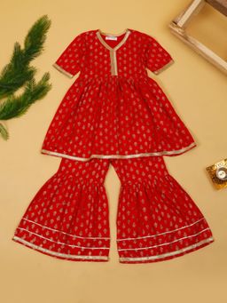 SAKA DESIGNS - Red Rayon Printed V-Neck Kurta with Sharara (Set of 2)