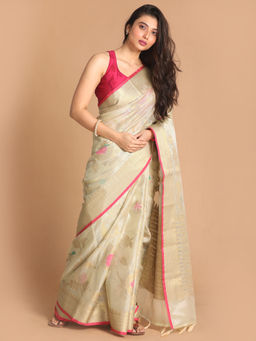 Indethnic - Banarasi Beige Woven Design Party Wear Saree With Unstitched Blouse