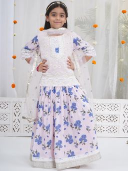 Little Bansi - Pink Floral Regular Kurti with Lehenga and Dupatta