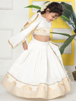 Little Bansi - Cream Woven Flared Blouse with Lehenga and Dupatta