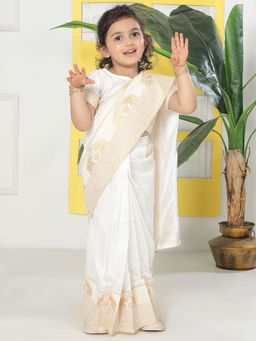 Little Bansi - Cream Woven Wrap Blouse with Saree