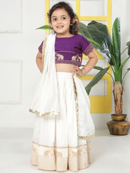 Little Bansi - Cream Woven Regular Blouse with Lehenga and Dupatta