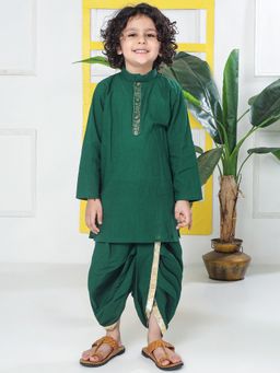 Little Bansi - Green Solid Regular Kurta with Dhoti