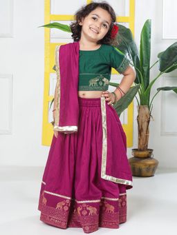 Little Bansi - Green Woven Regular Blouse with Lehenga and Dupatta