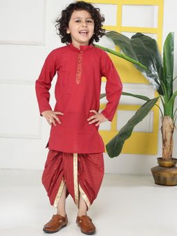 Little Bansi - Red Solid Regular Kurta with Dhoti