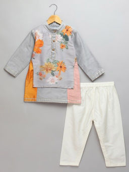 The Little Tales - Grey Floral Regular Kurta with Pyjama